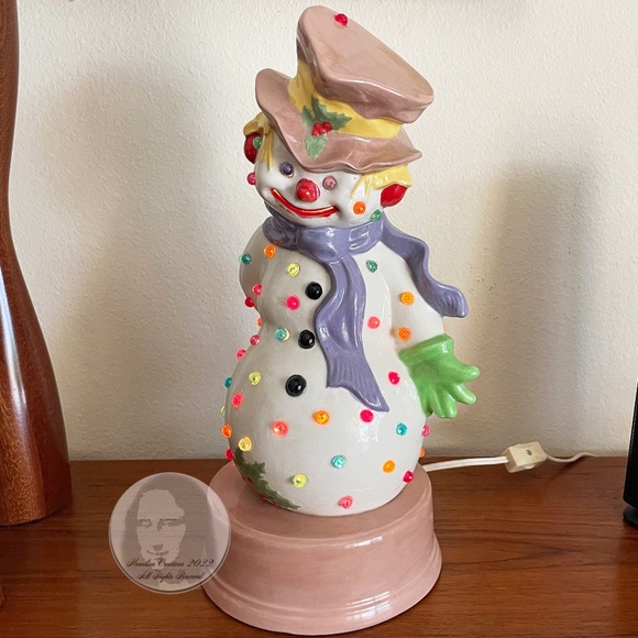Christmas Snowman Light Ceramic Vintage Light Up Decoration Frosty with Hat - Picture 1 of 7
